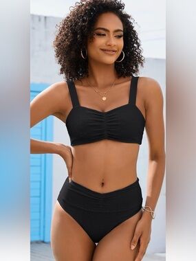 Anrabess bathing suit tummy control bikini set black medium new